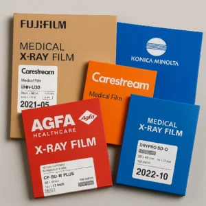 Unused medical X-ray film from Fujifilm, Carestream, Konica, and Agfa ready for recycling